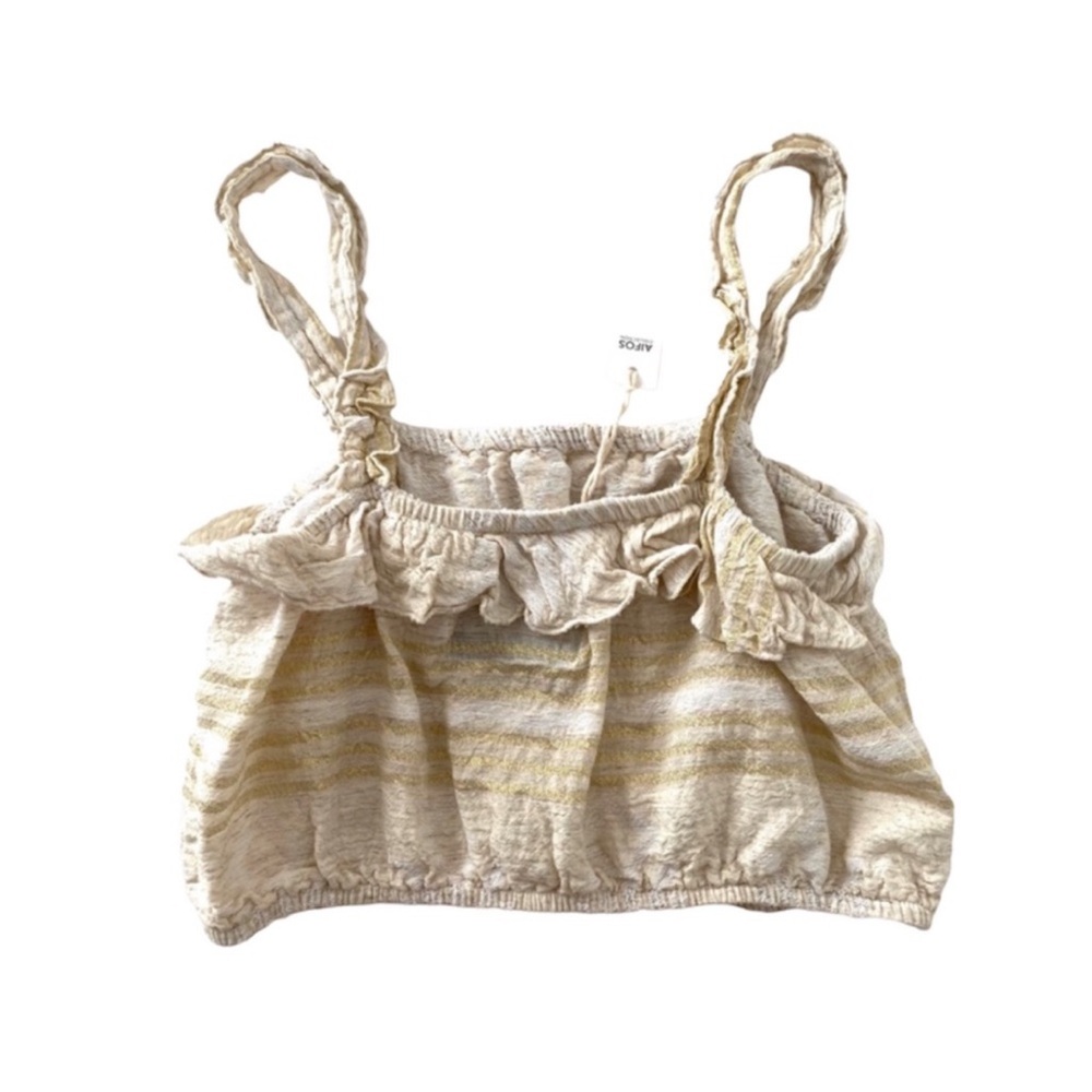 NET Pearl & Caviar Crop Ruffle Top Woven Cotton Oatmeal Gold Metallic Striped S